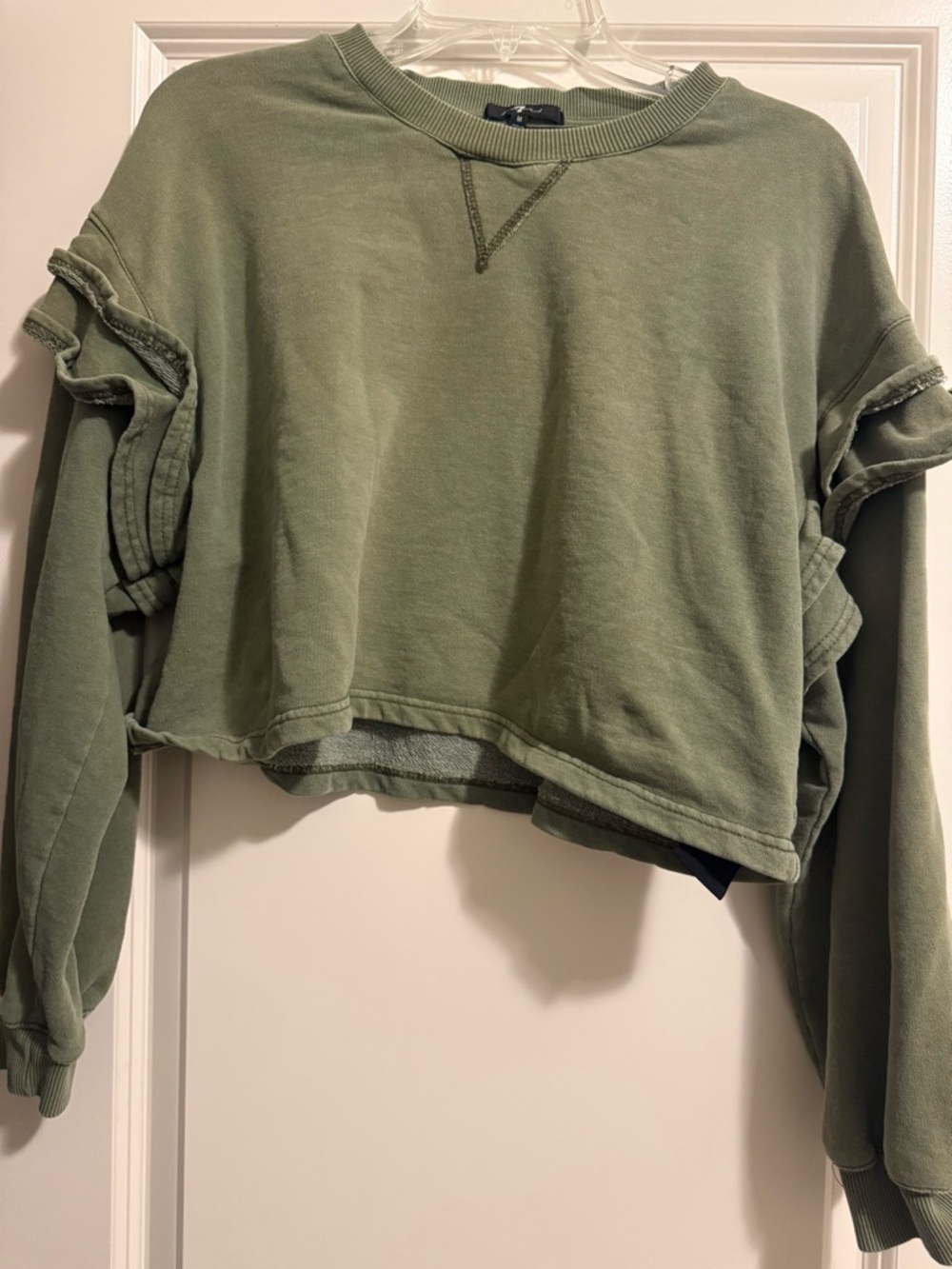 7 For All Mankind Olive Green Cropped Ruffle-Sleeve Sweatshirt